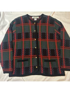 Vintage Crystal-Kobe  Sweater Women’s Cardigan Sz L Green Black Cottagecore 90s